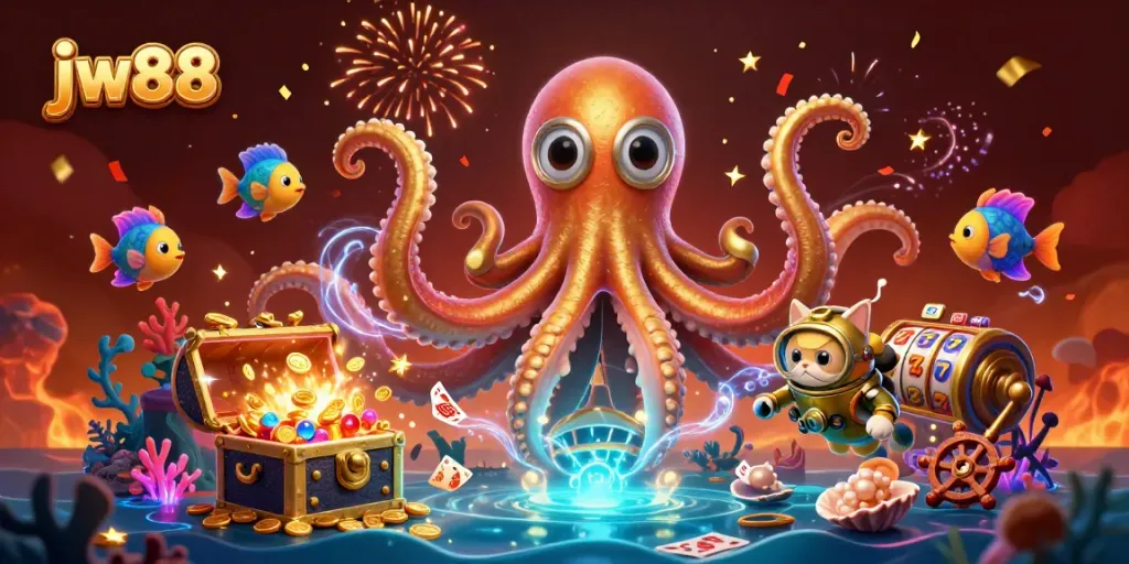Experience thrilling wins with jw88 in a vibrant 3D cartoon casino scene full of excitement.