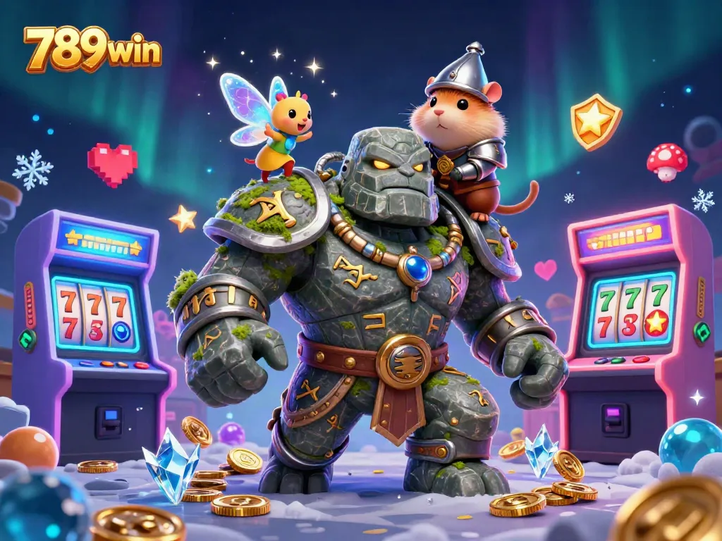 Engage with thrilling gaming action at 789win, featuring an enchanting golem, fairy magic, and vibrant casino elements.