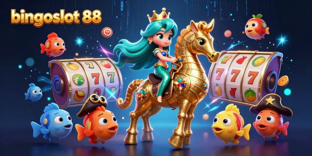 Rasakan keseruan bingoslot 88 dengan ilustrasi putri duyung, gulungan slot, dan jackpot yang menarik.