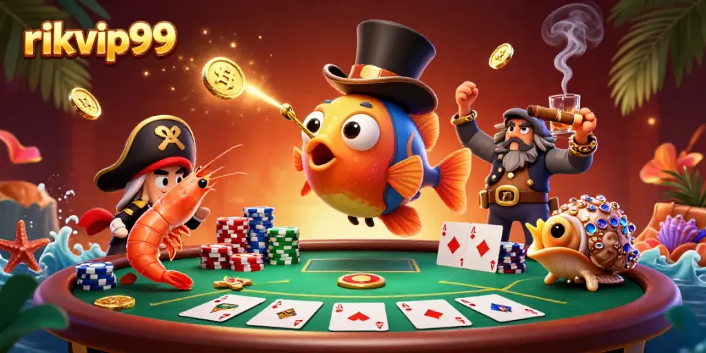 Win big with rikvip99 at an exciting poker-themed underwater casino scene.