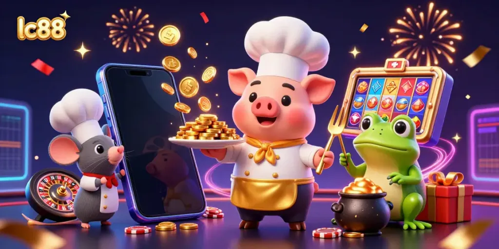 Experience exhilarating gaming action with lc88 in a festive, dynamic casino scene showcasing characters and vibrant game elements.