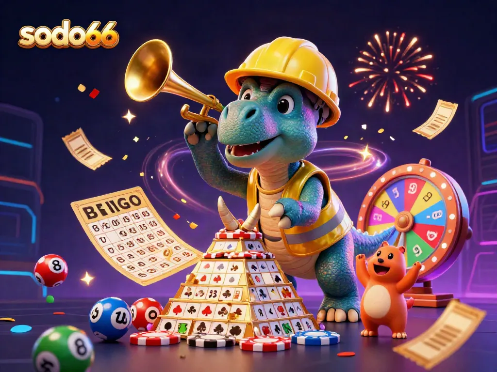 Sodo66's lively 3D casino illustration shows a triceratops building poker chips while celebrating with vibrant elements.