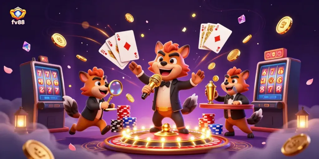 Engaging hyena characters in a comedic FV88 casino scene with golden coins, roulette wheel, and lively atmosphere.