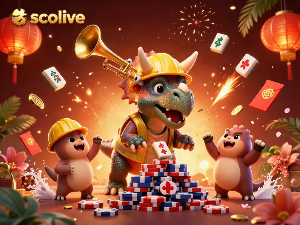 Socolive brings excitement as a 3D triceratops and friends celebrate with poker chips and vibrant casino elements.