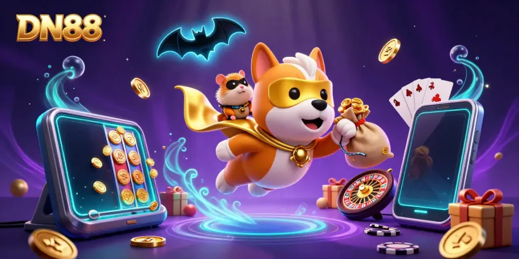 Engage with DN88's thrilling casino scene featuring a superhero dog and sidekick in action.
