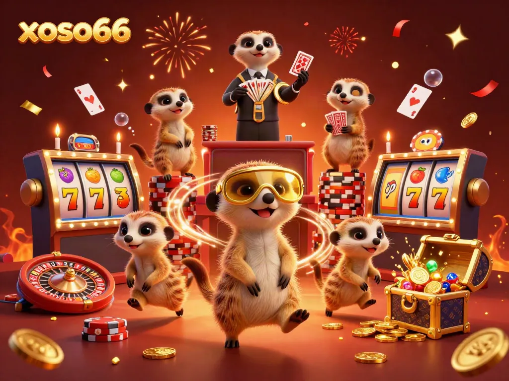 Experience the excitement of xoso66 with cartoon meerkats managing a vibrant casino scene.