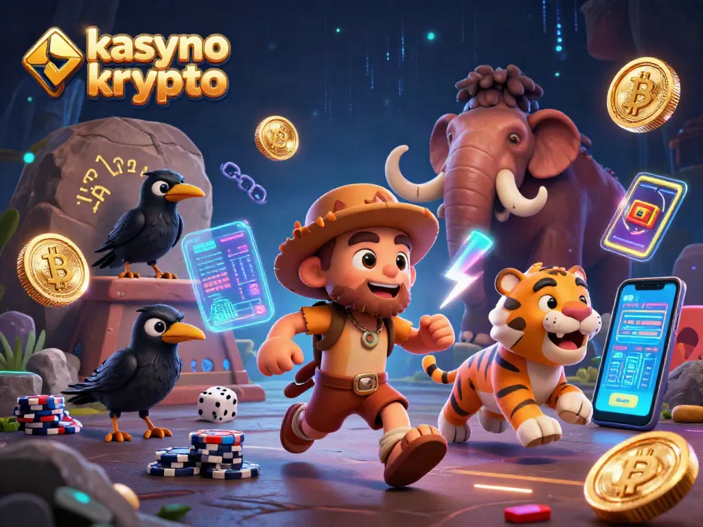 kasyno krypto brings a vibrant prehistoric casino scene with crypto coins and engaging characters.