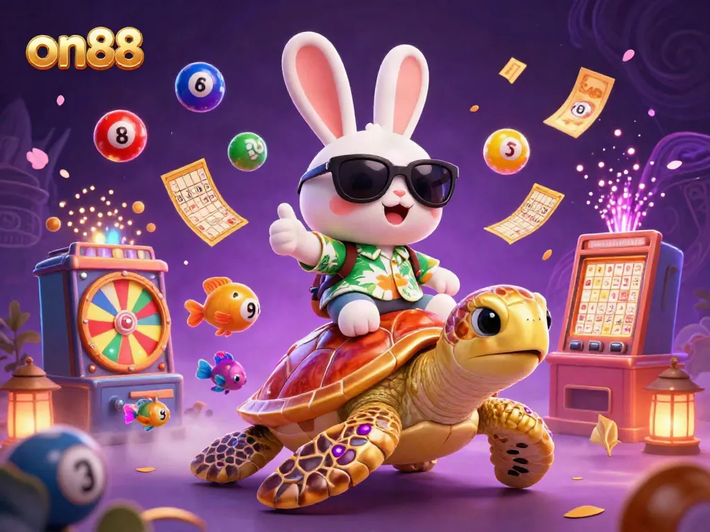 Engage with on88's vibrant 3D lucky rabbit and golden turtle in a festive casino adventure.