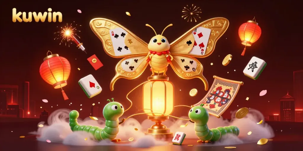 Kuwin-themed 3D illustration showcasing a majestic atlas moth and floating casino elements creating an engaging atmosphere.